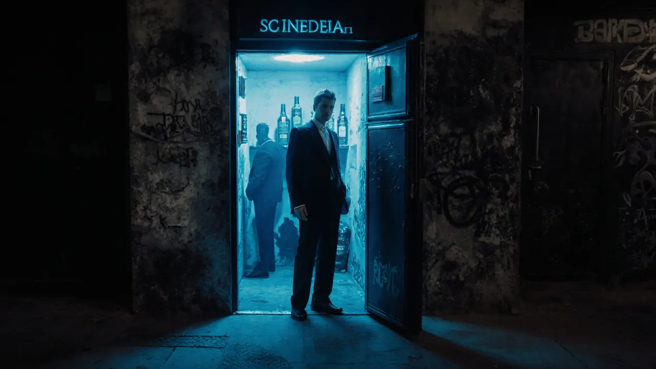 A hidden speakeasy entrance behind a fridge door with dim blue light and shadowy figures inside.