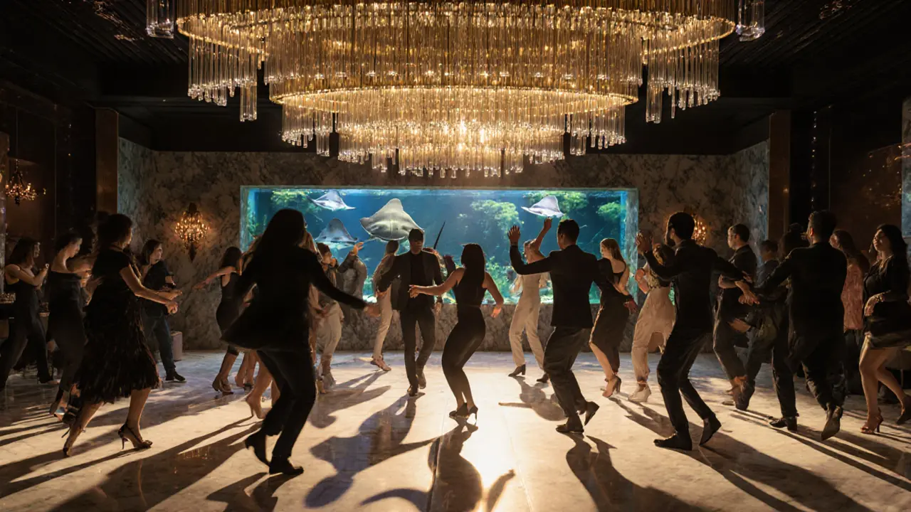 A luxurious nightclub with a glowing dance floor and elegant guests dancing under golden chandeliers.