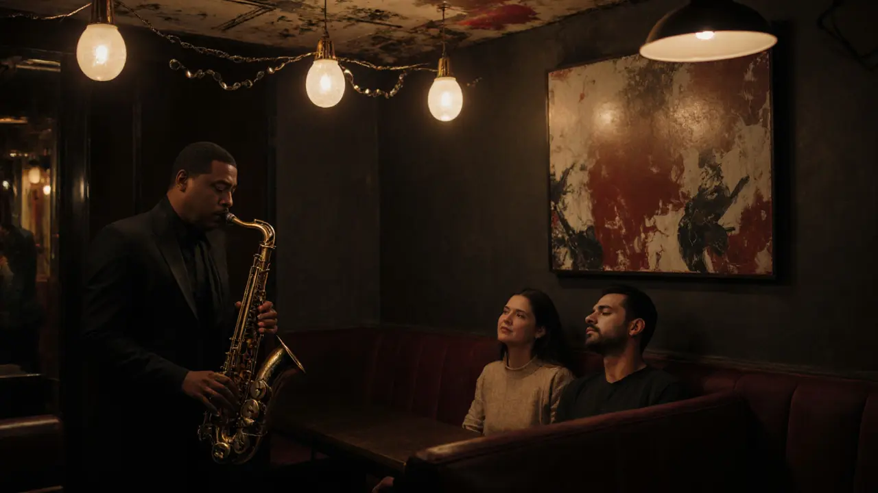 A man and woman in a dimly lit jazz lounge in Alserkal Avenue, listening to a saxophonist under string lights.