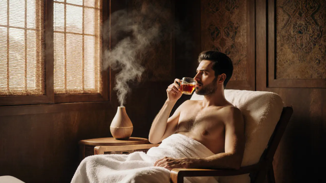 A man relaxes in a peaceful spa in Bur Dubai, wrapped in a towel, enjoying herbal tea and calm ambiance.