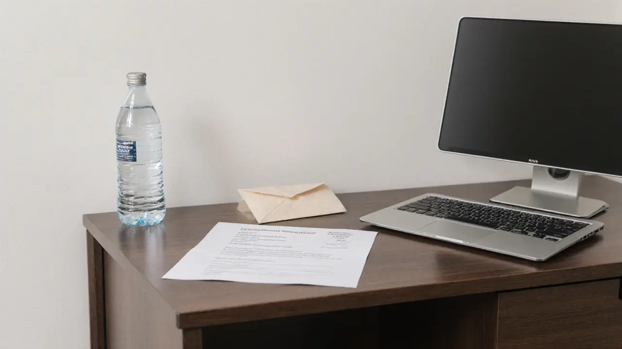A minimalist office desk in Dubai with a booking confirmation and bank receipt, symbolizing discreet professional companionship.