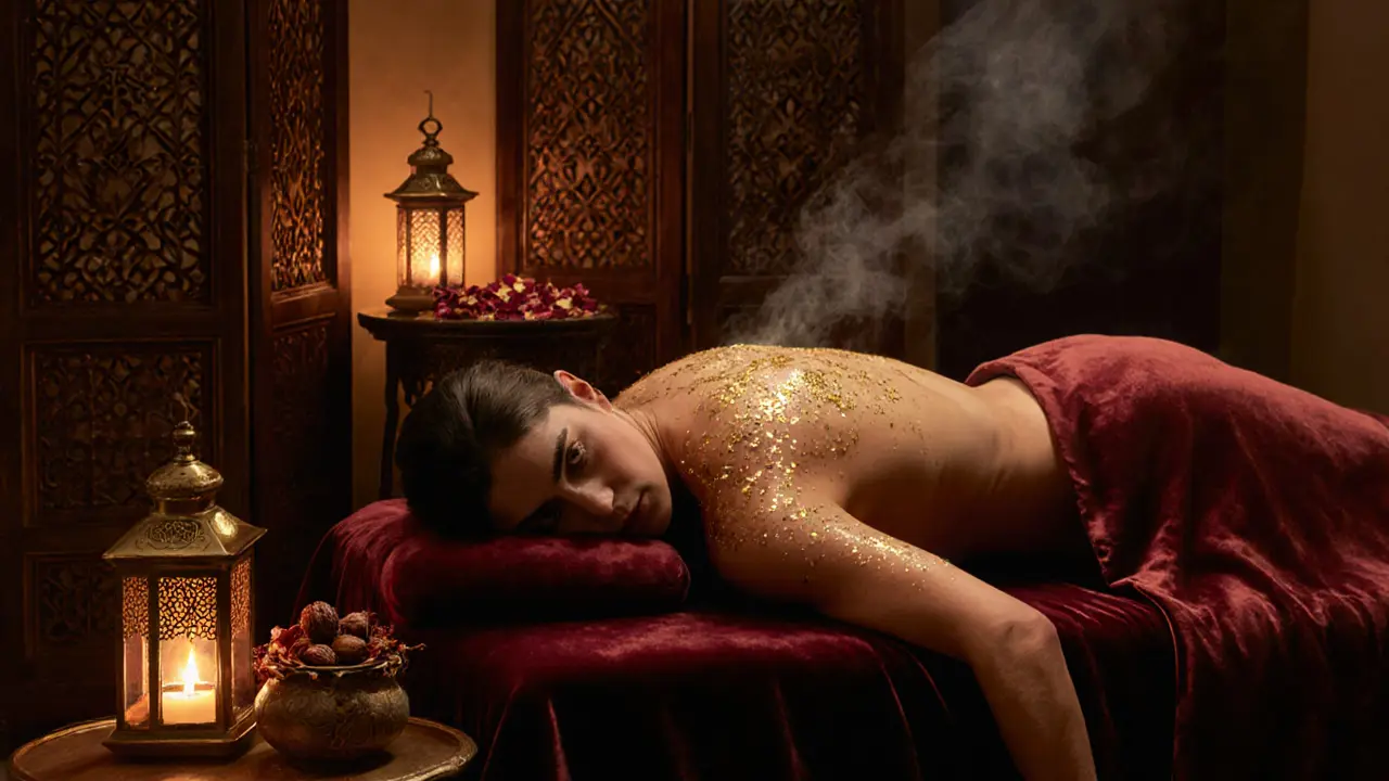 A person adorned with gold flakes during an Arabian oud and saffron therapy session in a candlelit spa room.