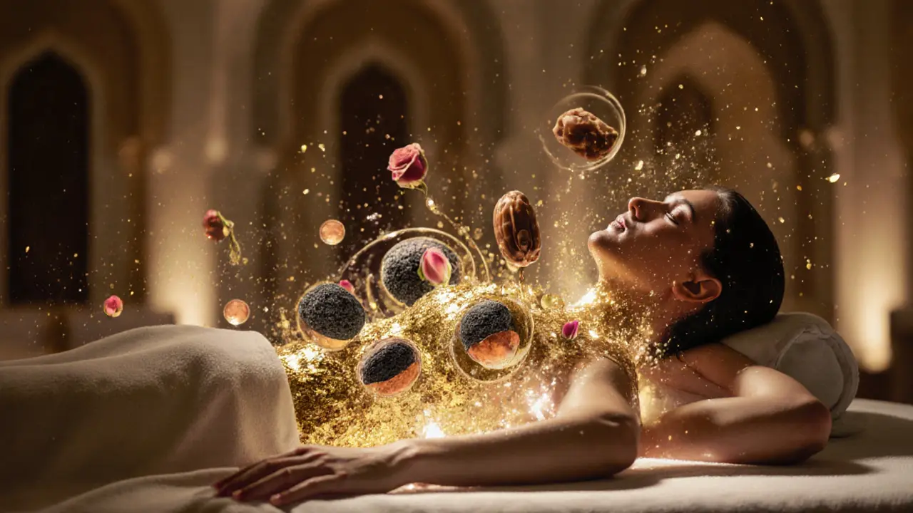 A person dissolving into golden light with healing elements like gold leaf and heated stones, symbolizing deep rejuvenation.