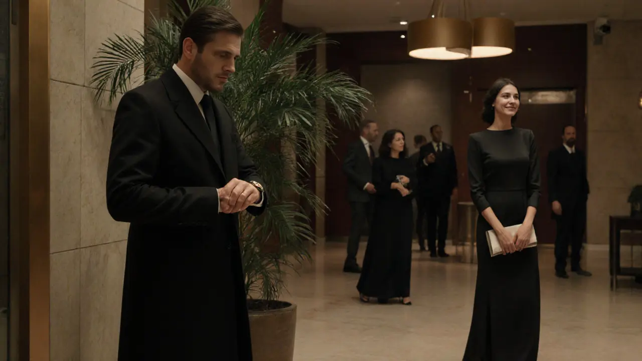 A professional meeting in a DIFC hotel lobby, two people exchanging a subtle greeting at night.