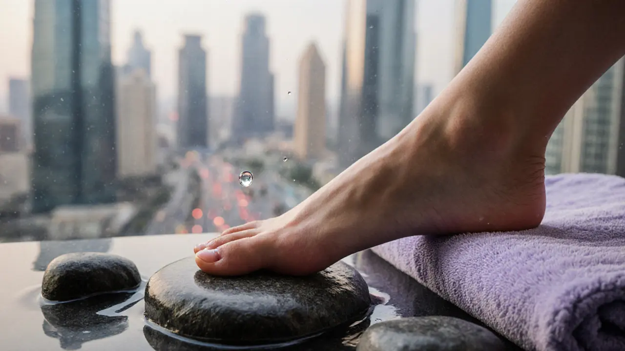 A relaxed foot resting on heated stones, with a blurred city skyline in the background, symbolizing escape from urban stress.