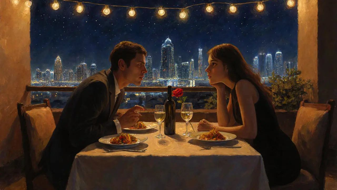 A romantic rooftop dinner in Dubai with soft lights, fine dining, and a skyline backdrop, focused on emotional connection.