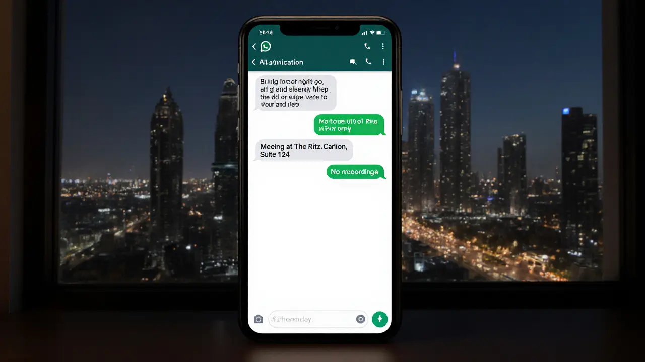 A smartphone showing a discreet WhatsApp chat about meeting at a Dubai hotel, with no images or emojis.