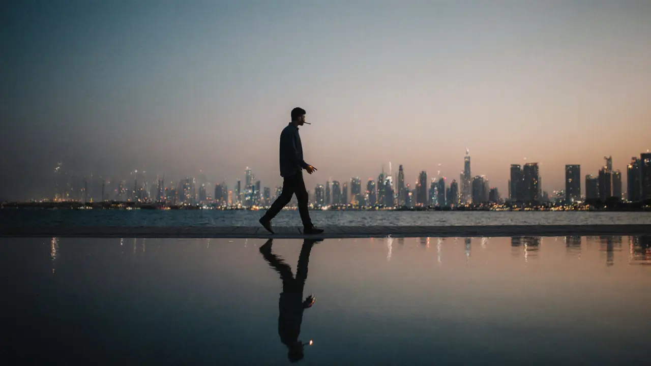 A solitary man walks along Dubai Creek at dusk, reflecting the city&#039;s glowing skyline.