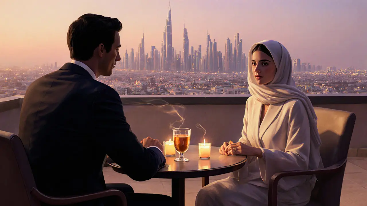 A sophisticated couple shares a quiet moment at a rooftop lounge in Dubai, candlelight and skyline creating an intimate atmosphere.