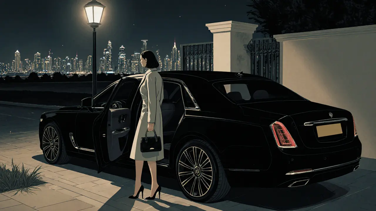 A sophisticated woman departs quietly from a luxury car beside a private villa at night.