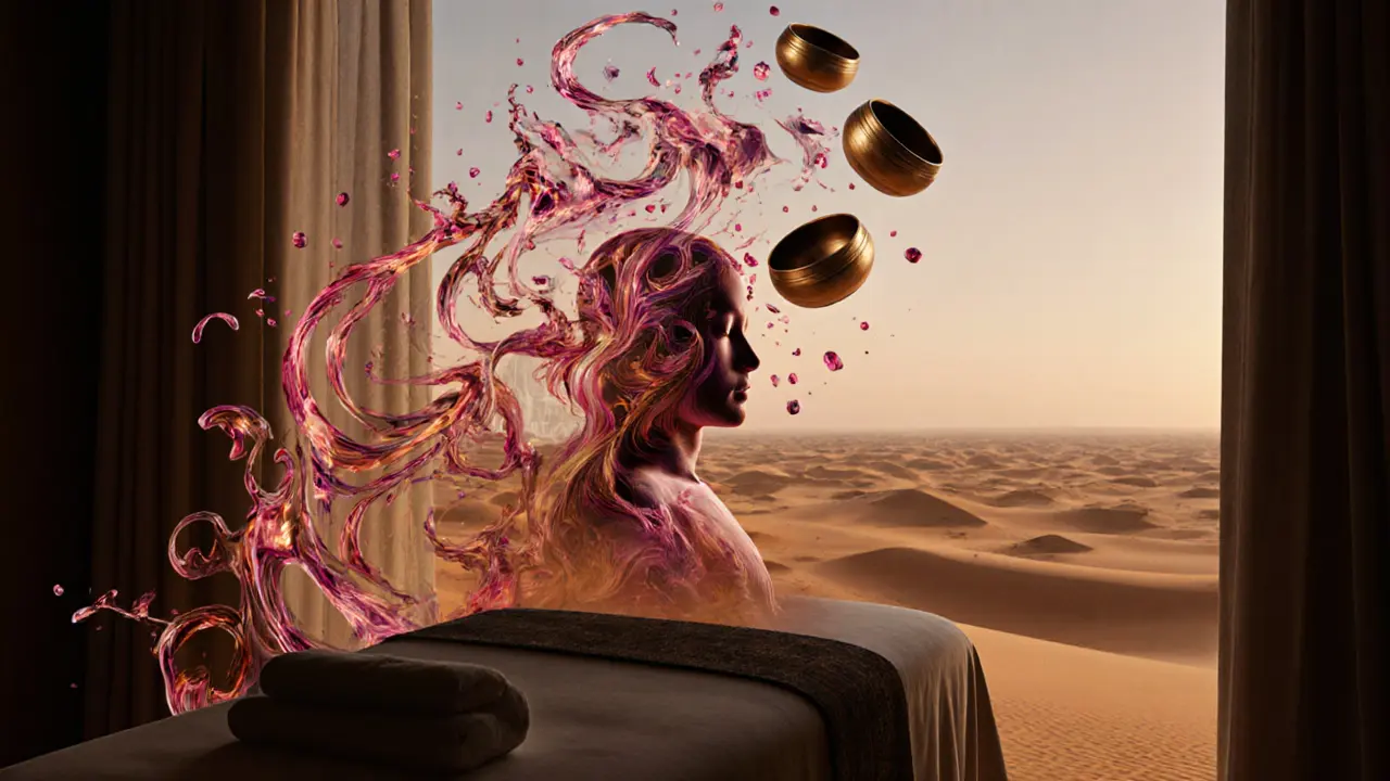 A symbolic representation of relaxation in Dubai, with a human form blending into sand, oil, and sound waves above desert dunes.