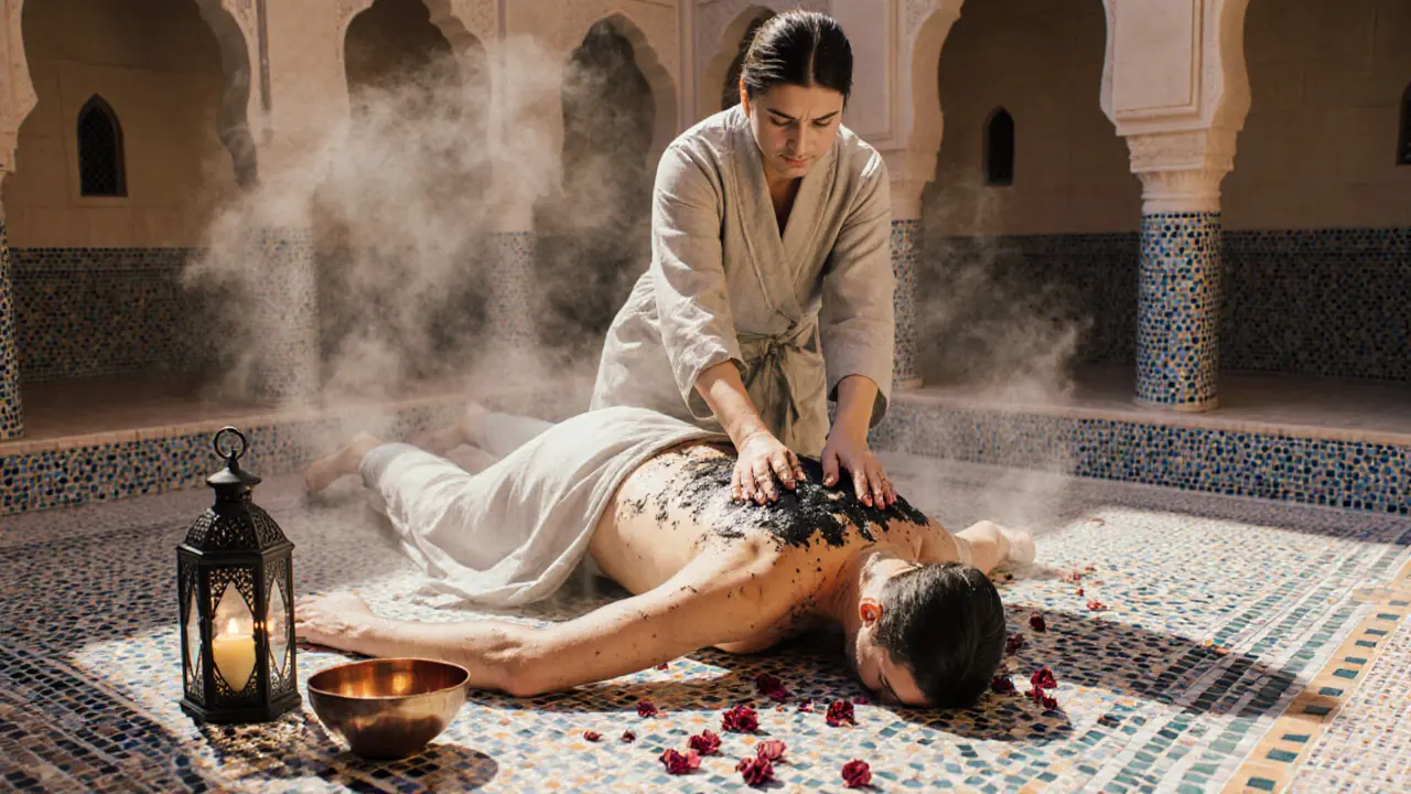A therapist performs a traditional Arabic Hammam scrub on a client in a steam-filled tiled courtyard, with copper bowls and rose petals nearby.