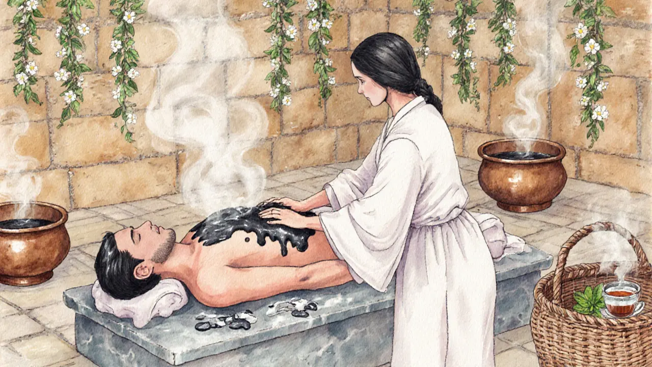 A traditional Arabian Hammam ritual with steam, marble, and herbal massage, radiating serene cultural tradition.