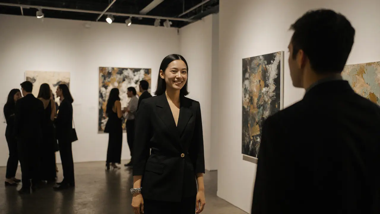 A woman in black at an art gallery, making silent eye contact in Dubai.