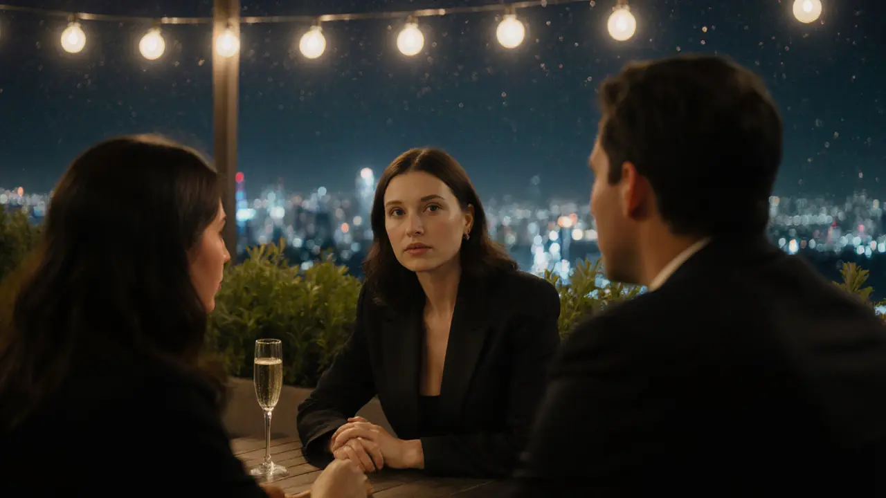 A woman listening intently to a client on a quiet rooftop lounge, Dubai&#039;s city lights glowing softly in the background.