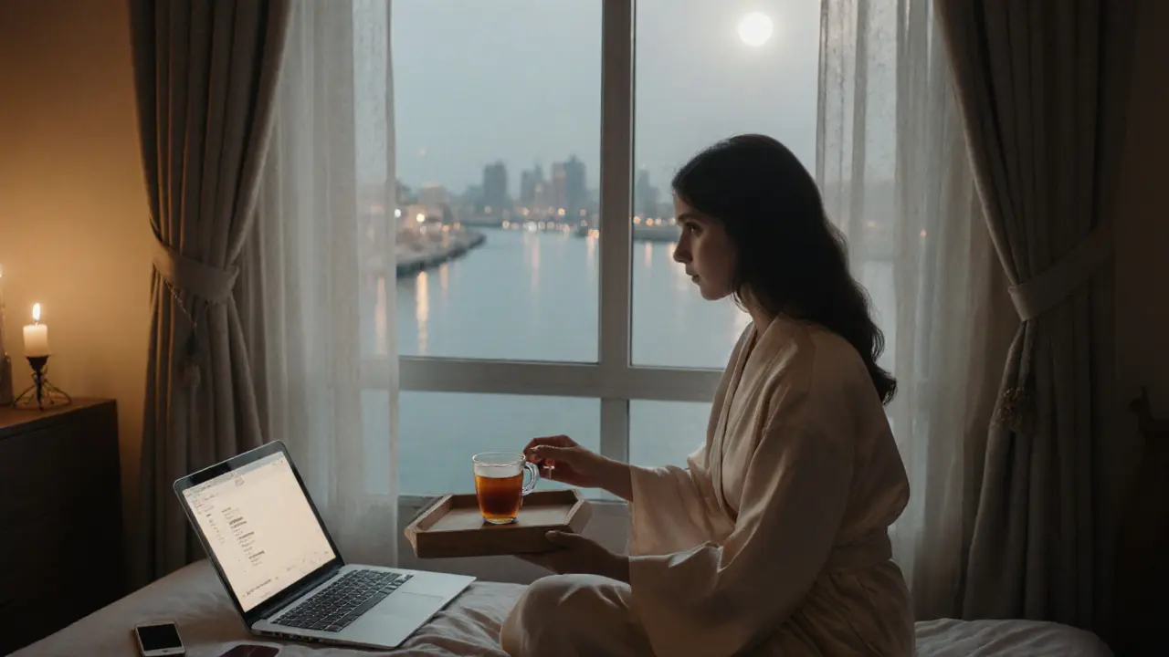 A woman serves tea in a quiet Bur Dubai apartment with moonlight streaming through sheer curtains.