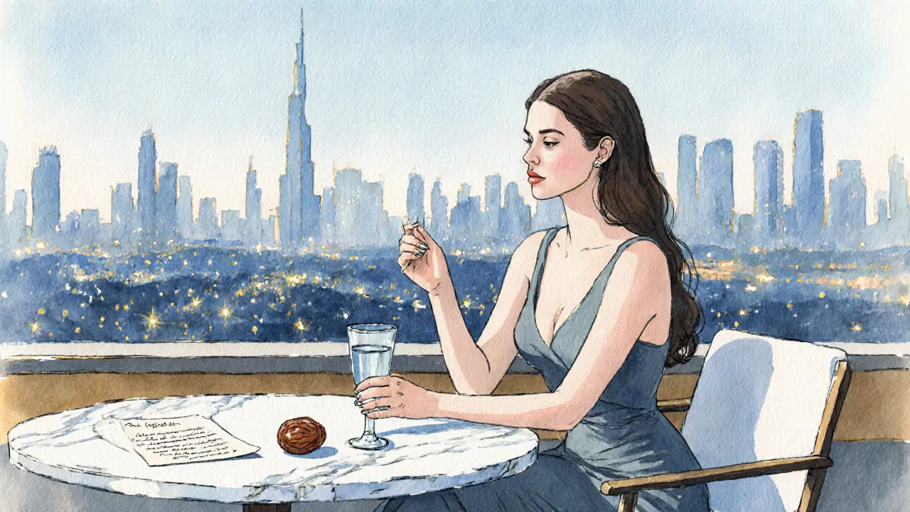 A woman sitting alone at a luxury rooftop lounge in Dubai, holding water with a handwritten note and a date fruit nearby.