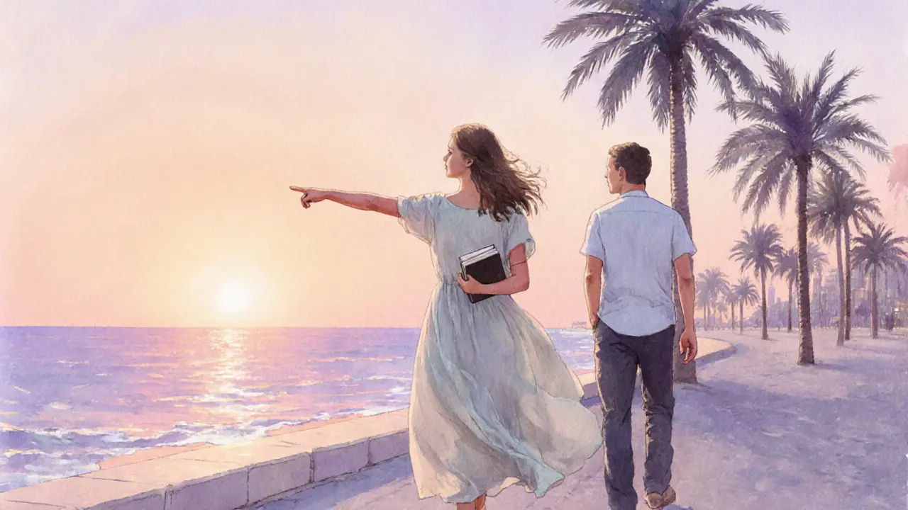 A woman walking along Jumeirah Beach at sunset, pointing to the horizon with a man walking behind in thoughtful silence.