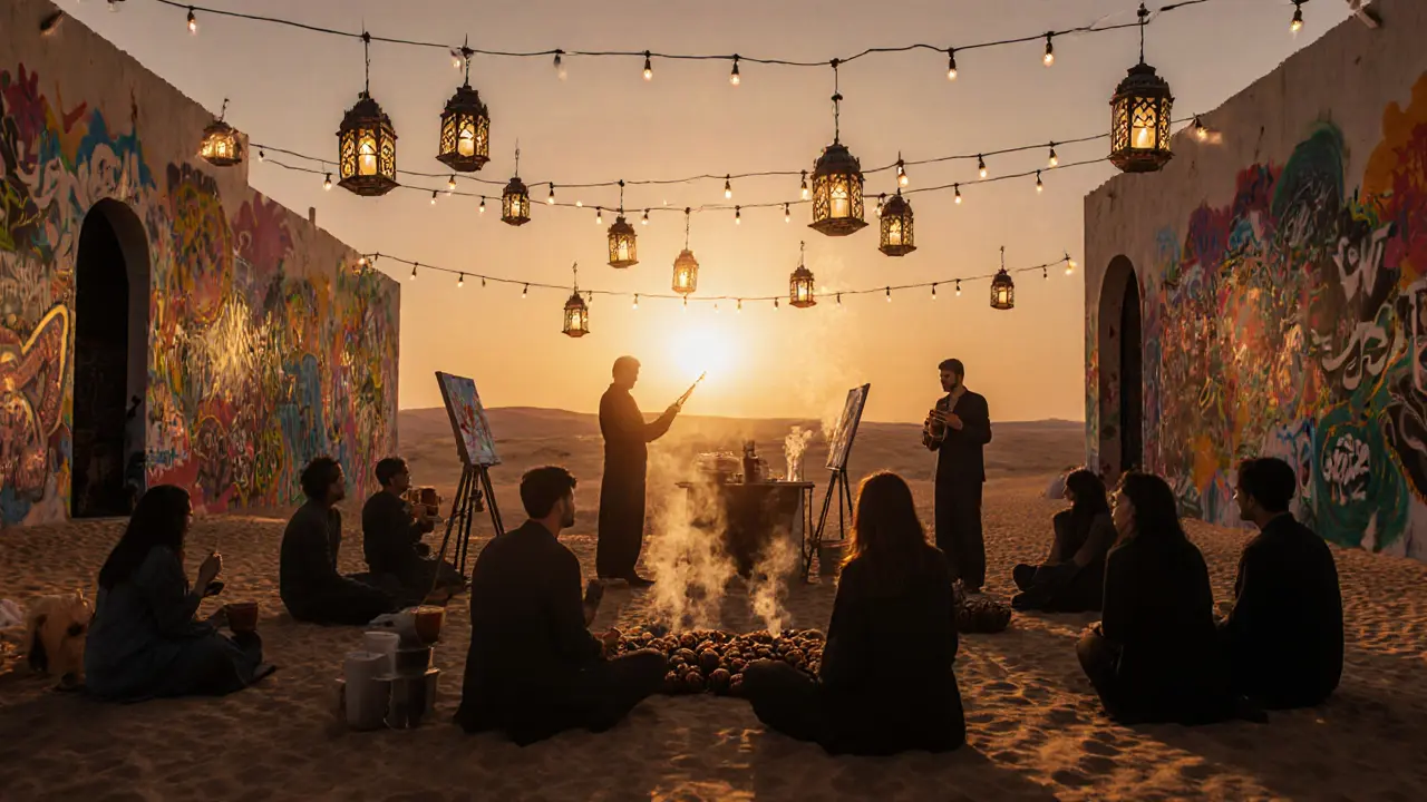 An artistic desert sunrise scene with floating lanterns and jazz musicians at an underground after-party in Dubai.
