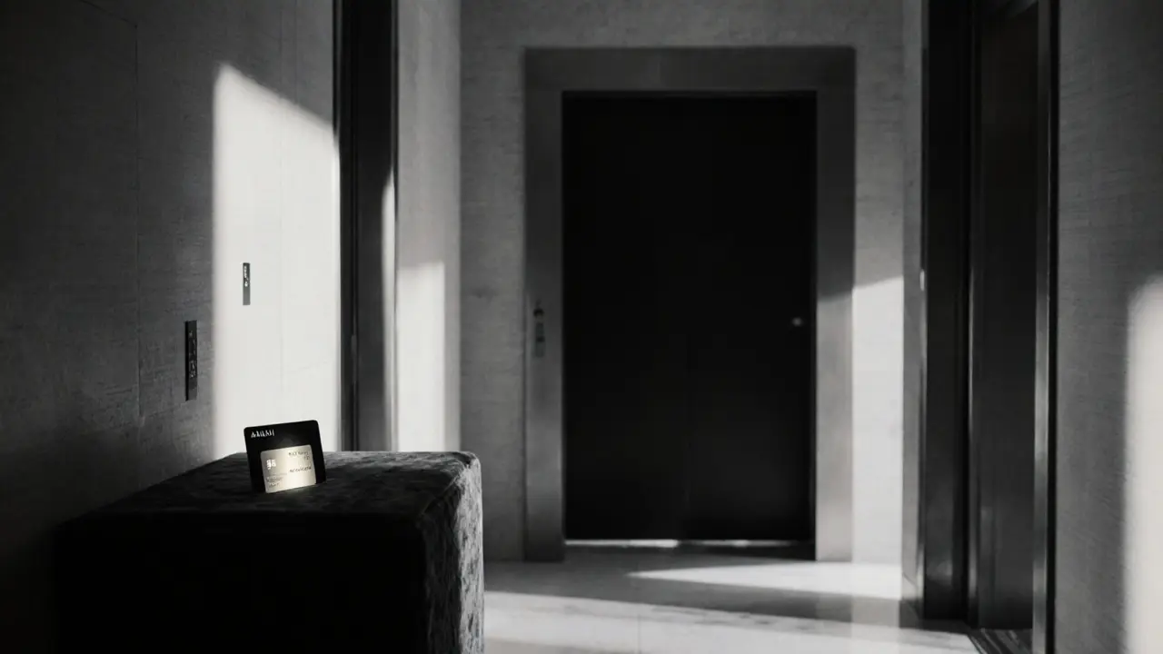 An empty luxury hotel hallway with a glowing keycard on velvet, evoking discretion and privacy.