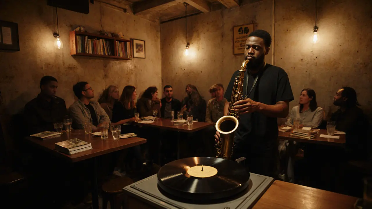 An intimate underground jazz bar with a saxophonist playing to a quiet, attentive crowd.