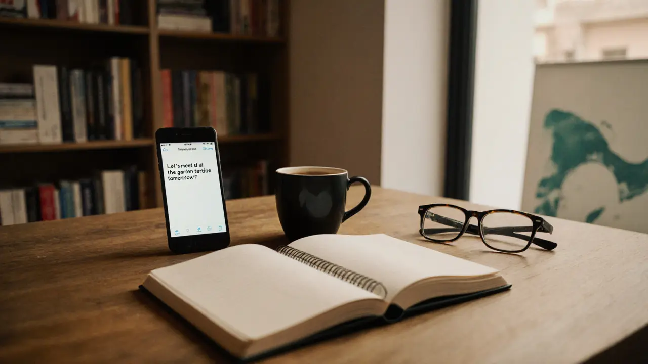An open notebook with coffee and glasses on a table in an art district, phone showing a meeting message.