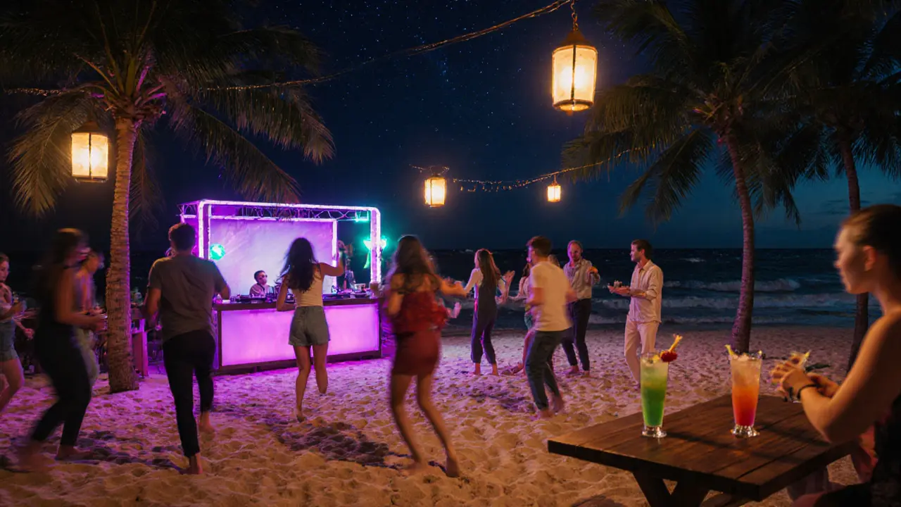 Beach club at midnight with people dancing on sand under lanterns and neon lights.