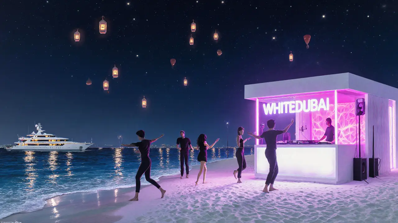 Beach club at night with dancers on sand, neon lights reflecting on ocean waves under starry sky.