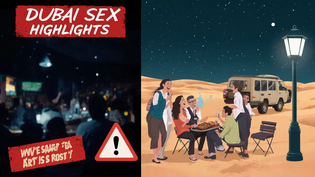Contrast between misleading online ads and real Dubai nightlife scenes of elegance and culture.
