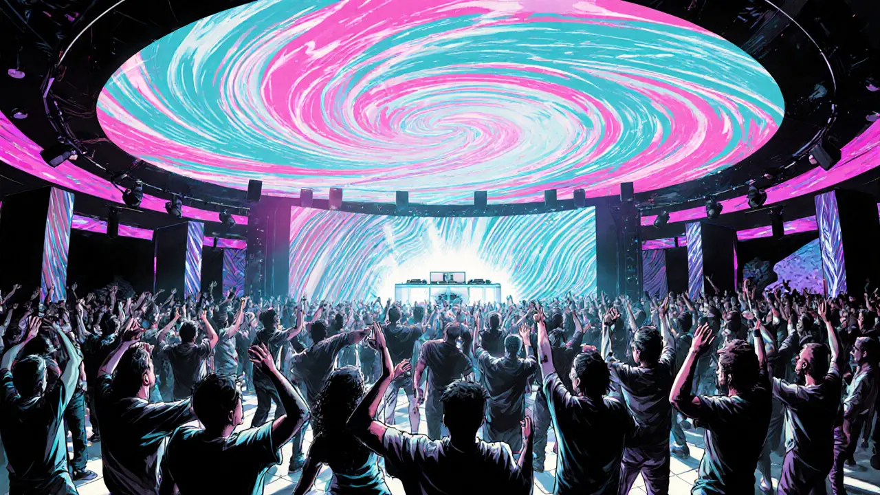 Crowd dancing under a dynamic LED ceiling at White Dubai, lights pulsing with the music.