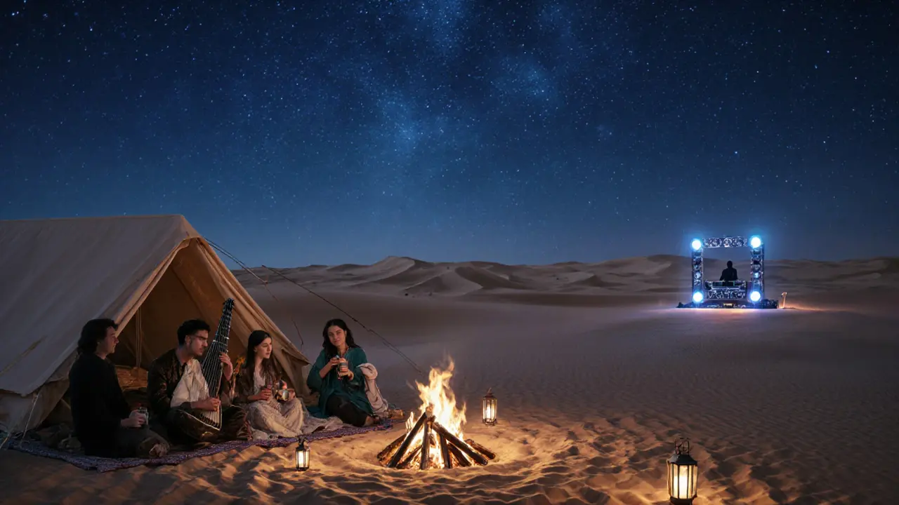 Desert camp under starry sky with fire, oud player, and guests enjoying coffee under lanterns.