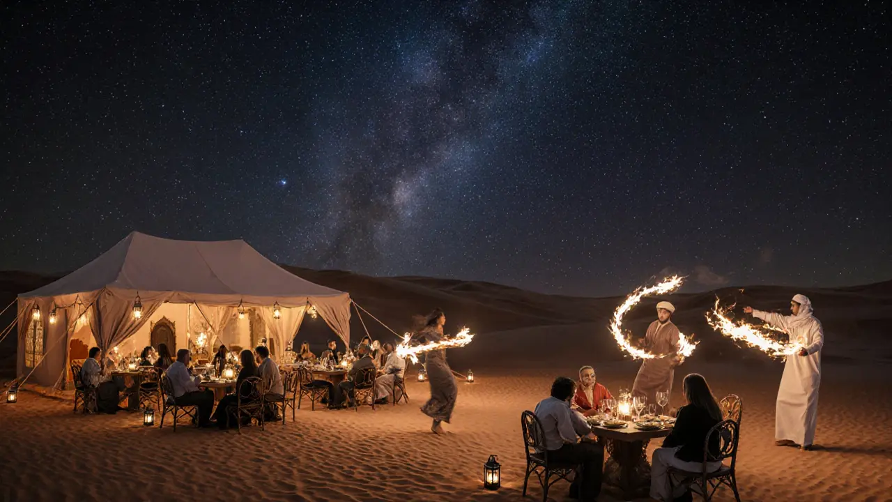 Desert dining under stars with fire dancers and lantern-lit tables in traditional Bedouin setting.