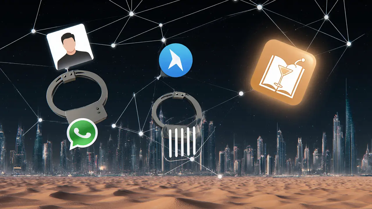 Digital ads over Dubai transform into handcuffs, with one hopeful symbol glowing faintly in the corner.