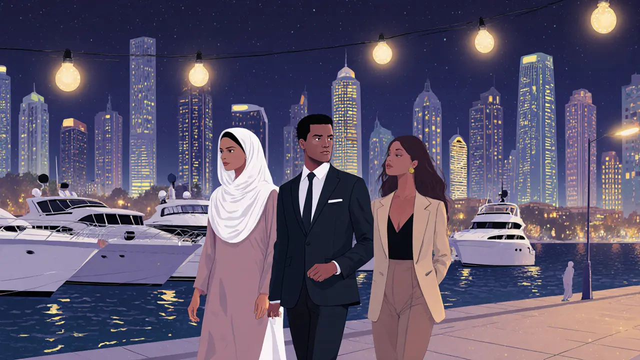 Diverse companions walking along Dubai Marina at night, engaged in conversation.