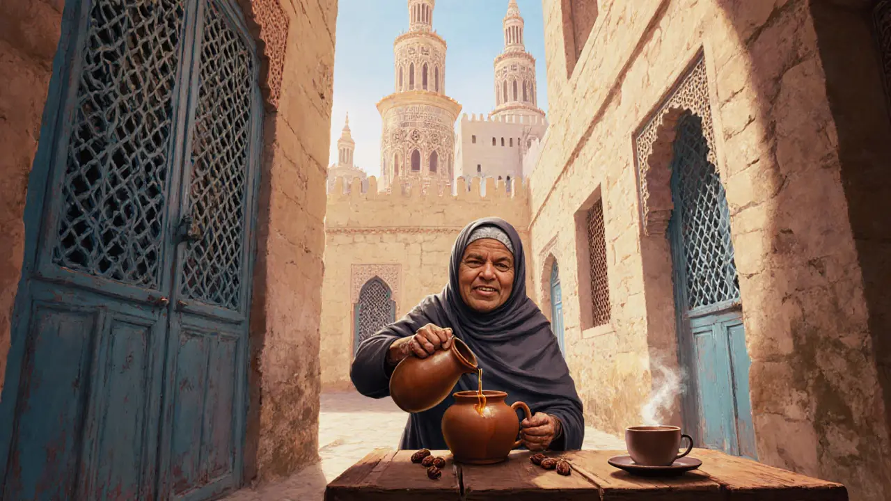Elderly woman pouring date syrup in a quiet Al Fahidi courtyard.