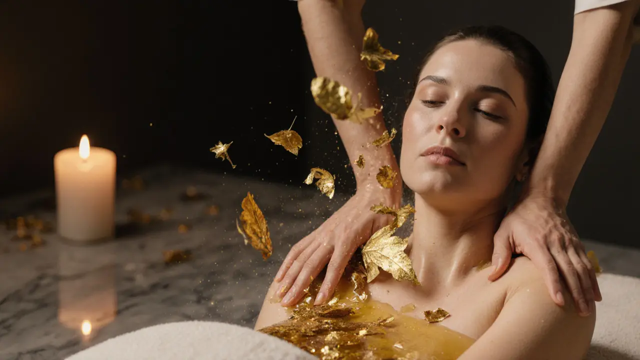 Gold leaf particles shimmering in oil during a luxury massage, with soft lighting and marble surroundings.