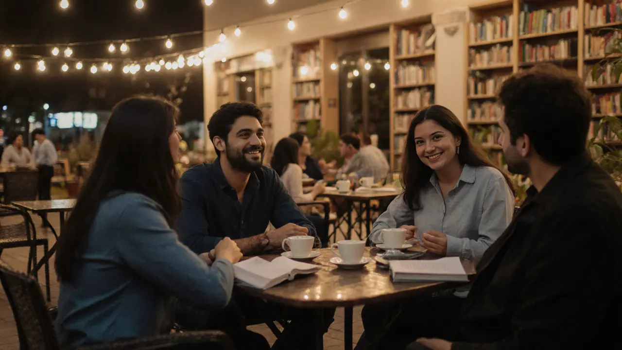 Group of people chatting outdoors at The Library in Al Fahidi under string lights.