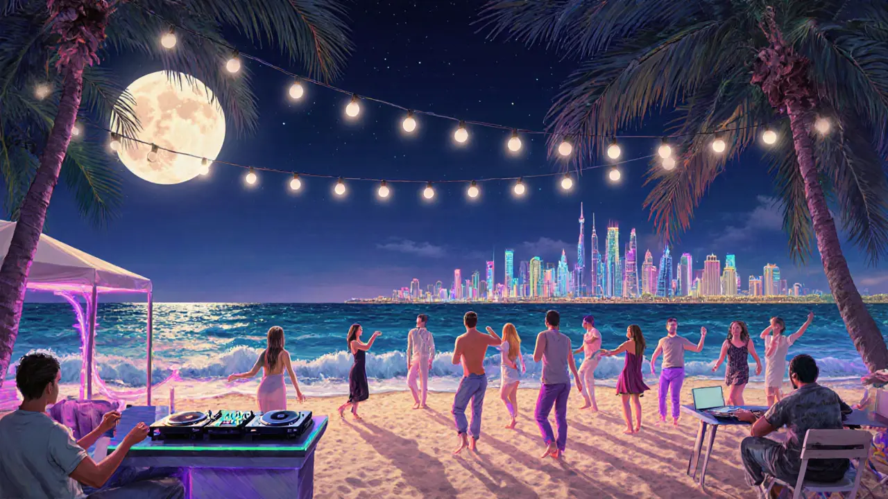 Guests dancing at a beach club under string lights with ocean waves and palm trees at night.