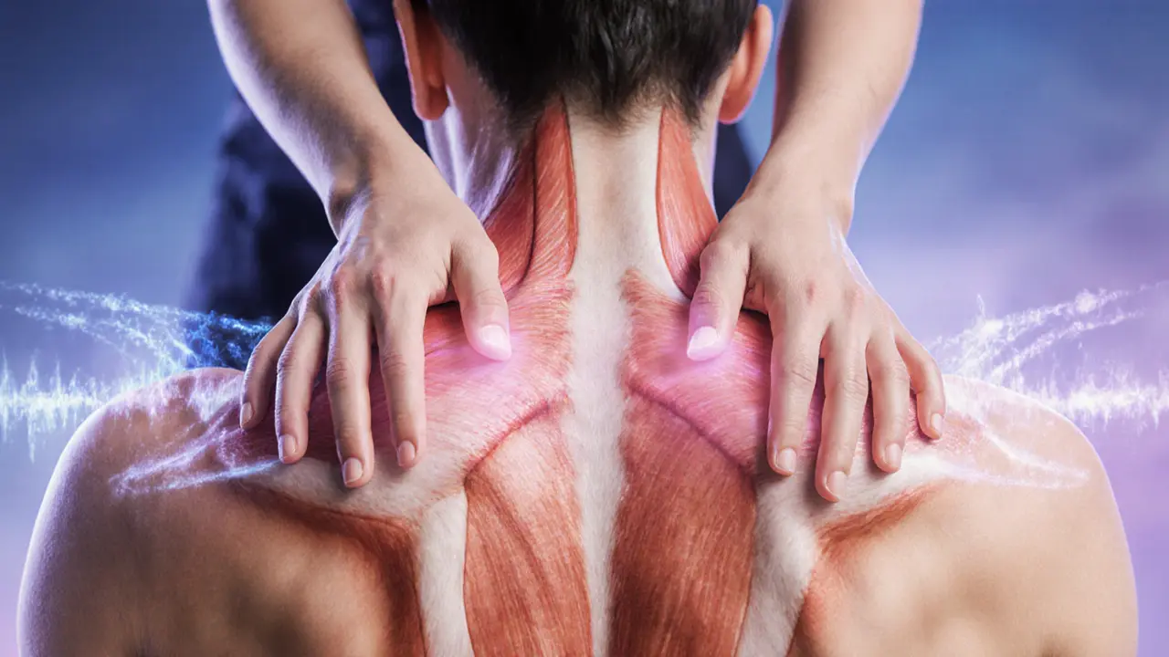 Hands applying deep tissue massage to a back, with energy waves symbolizing stress relief and endorphins.