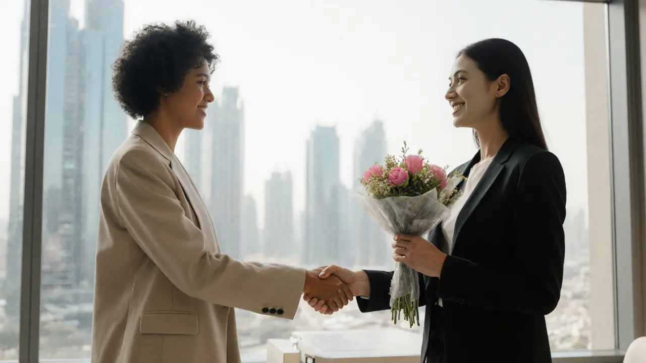 Handshake in a hotel lobby with flowers, conveying respect and boundaries.