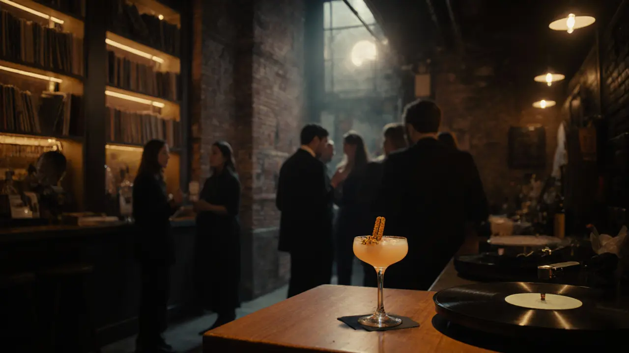 Hidden club The Waiting Room with vinyl records and warm lighting in an industrial setting.