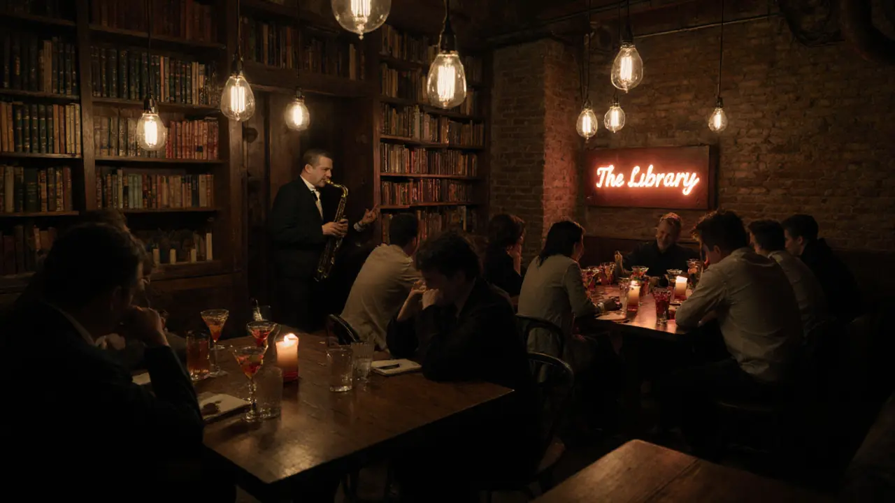 Hidden speakeasy in Alserkal Avenue with jazz musician playing in dim, intimate lighting.