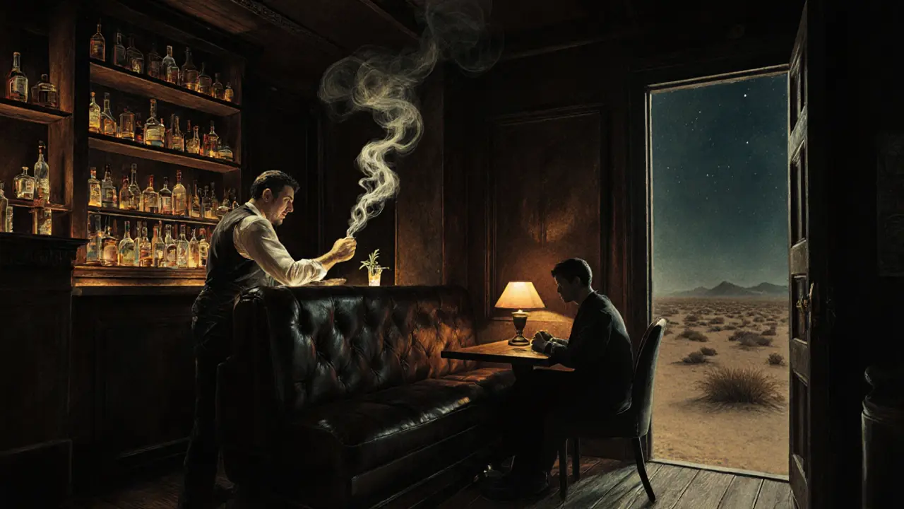 Hidden speakeasy interior with bartender crafting a smoky cocktail, dim lighting and vintage decor.