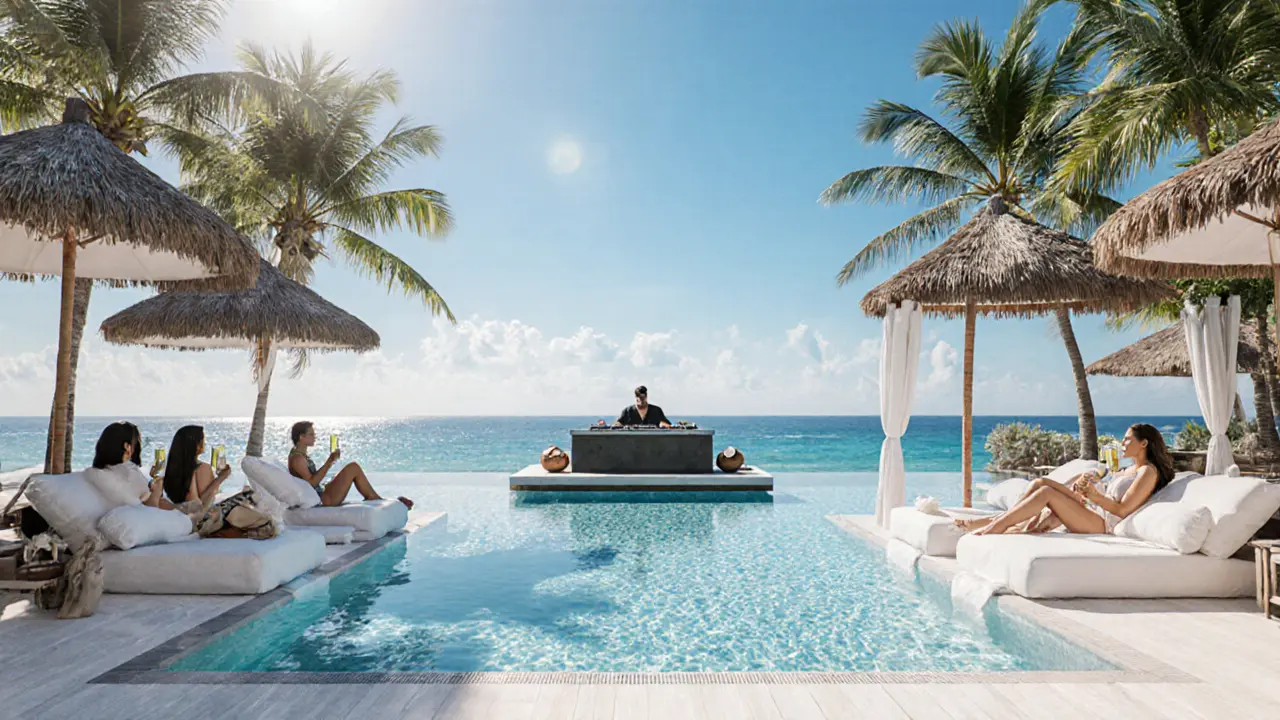 Luxury beach cabanas with white linens and cocktails beside the ocean under bright midday sun.