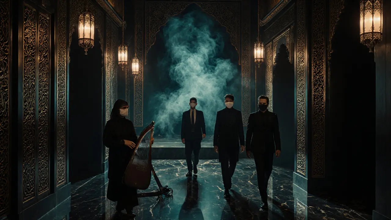 Masked guests wandering dimly lit corridors with Arabic decor, oud player blending with techno music.