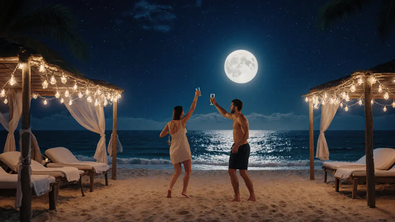 Midnight beach party with a few people dancing under fairy lights and moonlit waves.