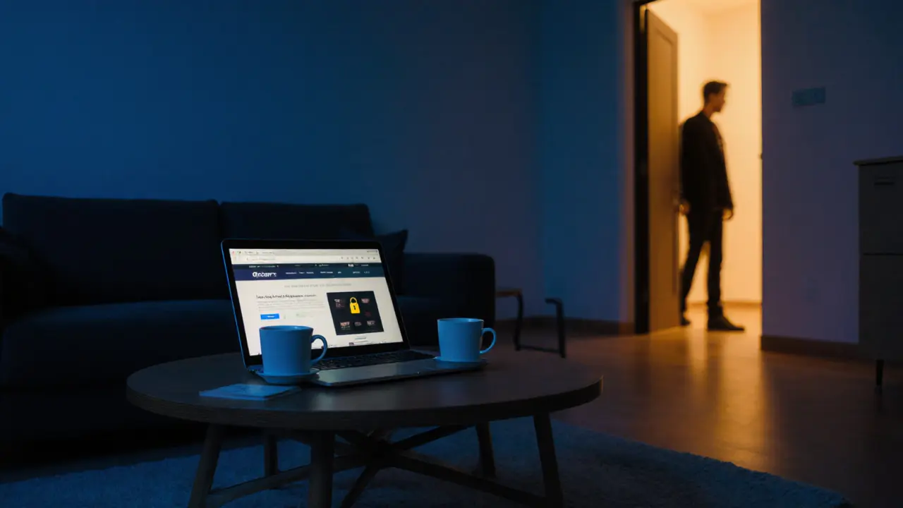 Modern private apartment interior with laptop and two tea cups, dim ambient lighting.