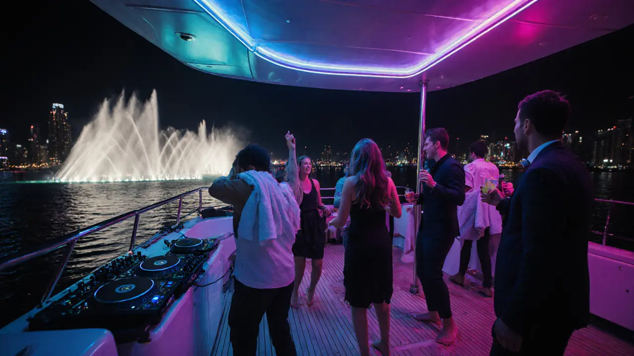 Nighttime yacht party with neon lights, dancing guests, and Dubai Fountain in background.
