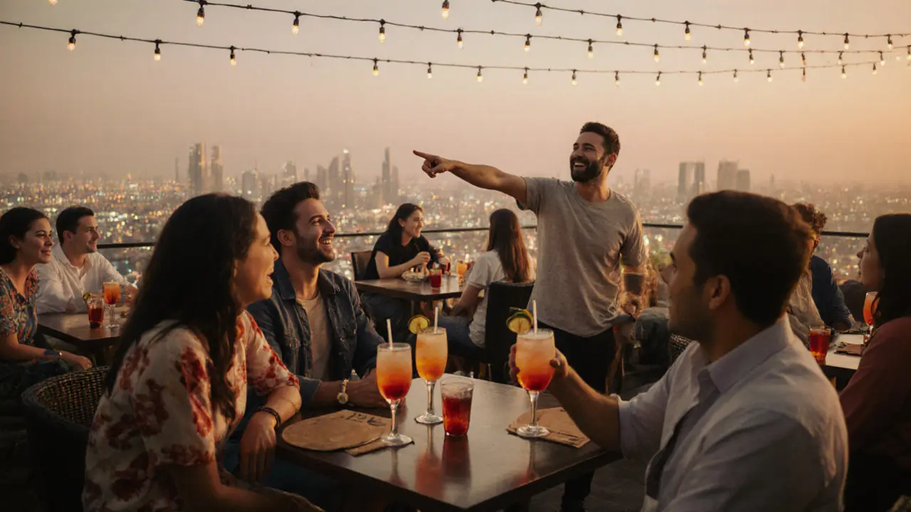 People enjoying cocktails on a Dubai rooftop bar, laughing together under string lights at golden hour.