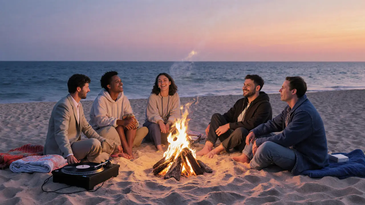 People gathered around a beach bonfire at dawn in Dubai, barefoot on sand, enjoying music as the sun rises.